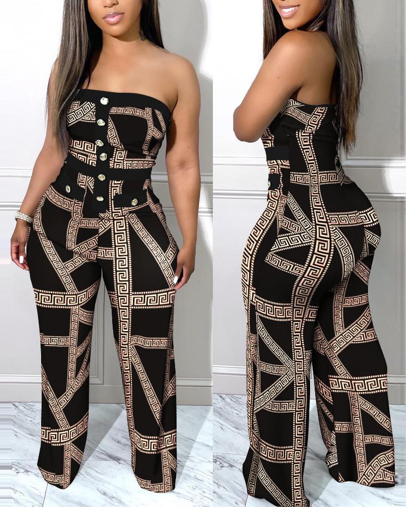 

Geometric Print Button Decor Tube Jumpsuit, Black