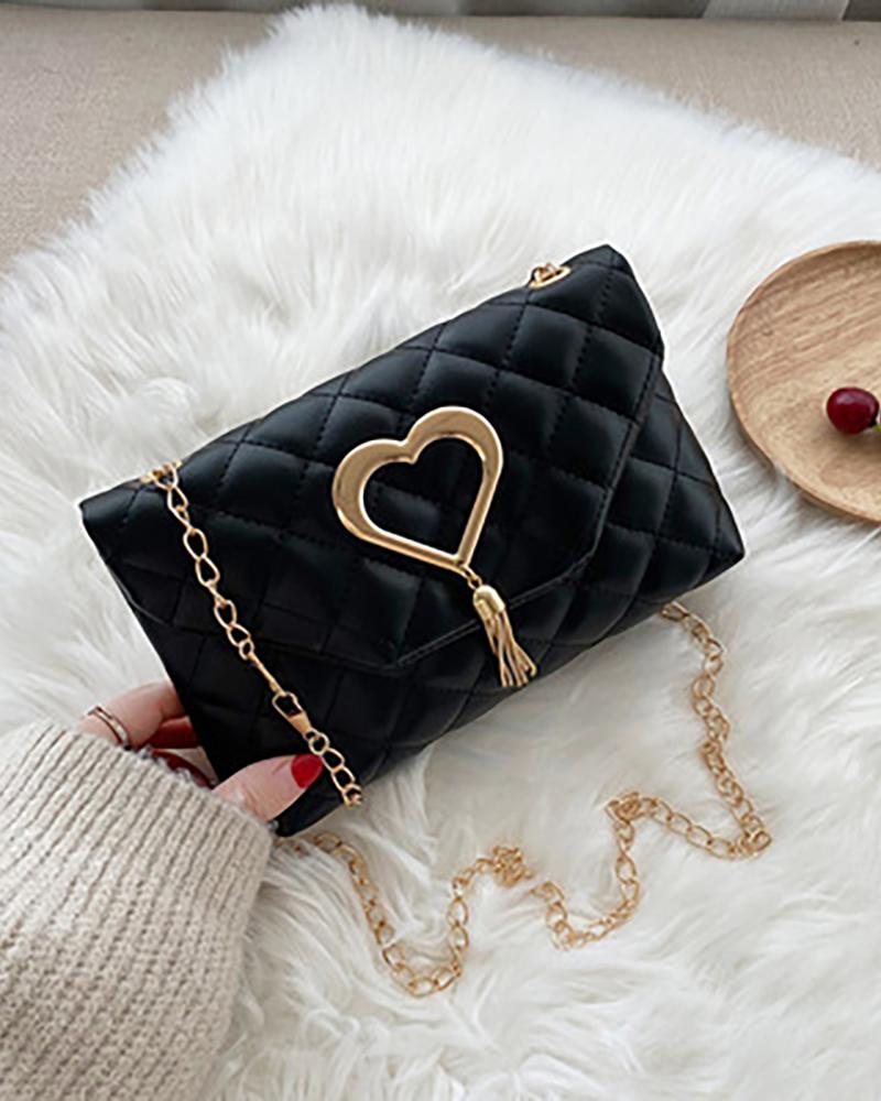 

Quilted Heart Pattern Tassel Chain Bag, Black