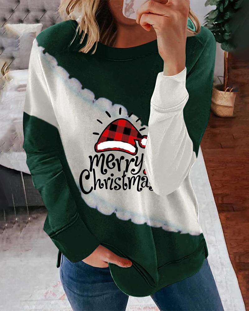 

Christmas Hat Letter Print Colorblock Sweatshirt, Green