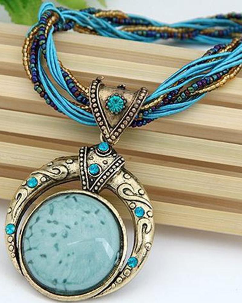 

1pc Bohemian Round Shaped Gem Stone Pendant Necklace, Blue