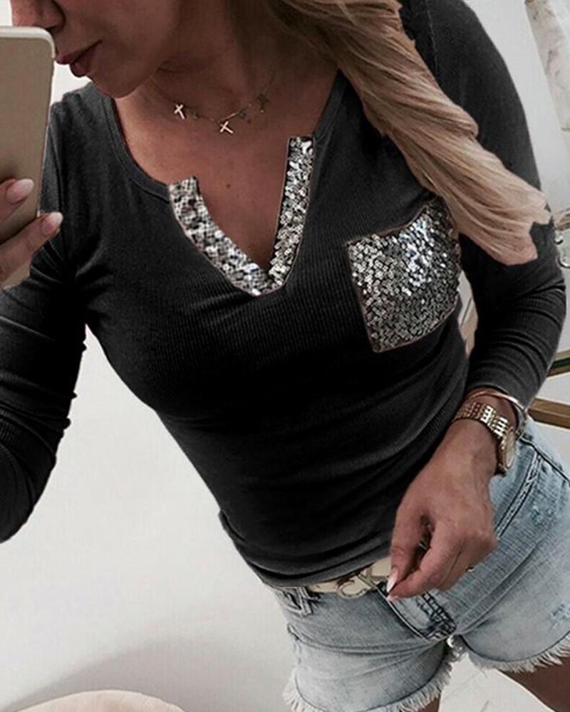 

V Neck Sequin Pocket Top, Black