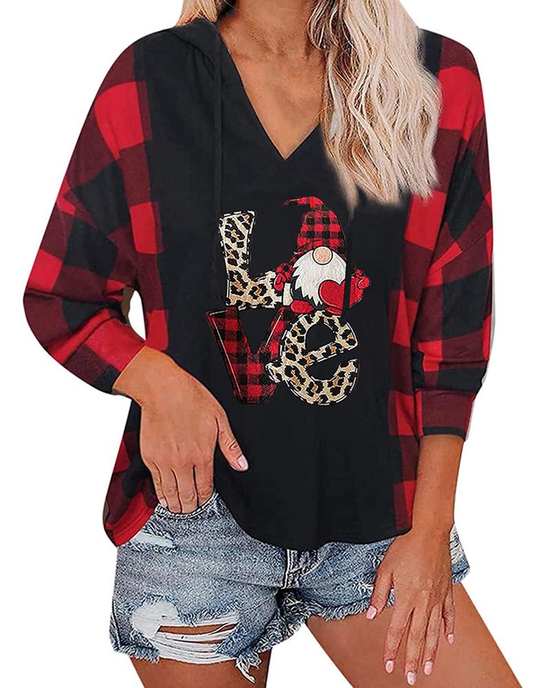

Christmas Hooded Letter Plaid Print Drawstring Top, Red