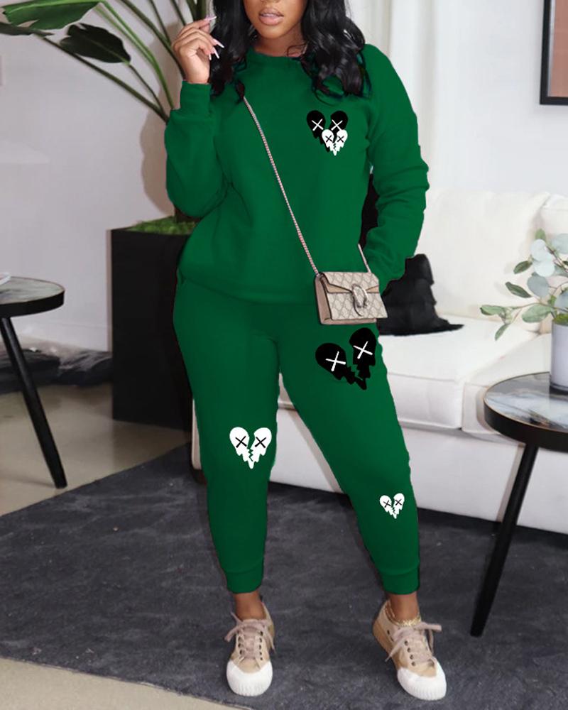 

Heart Print Long Sleeve Casual Top & Pants Set, Green