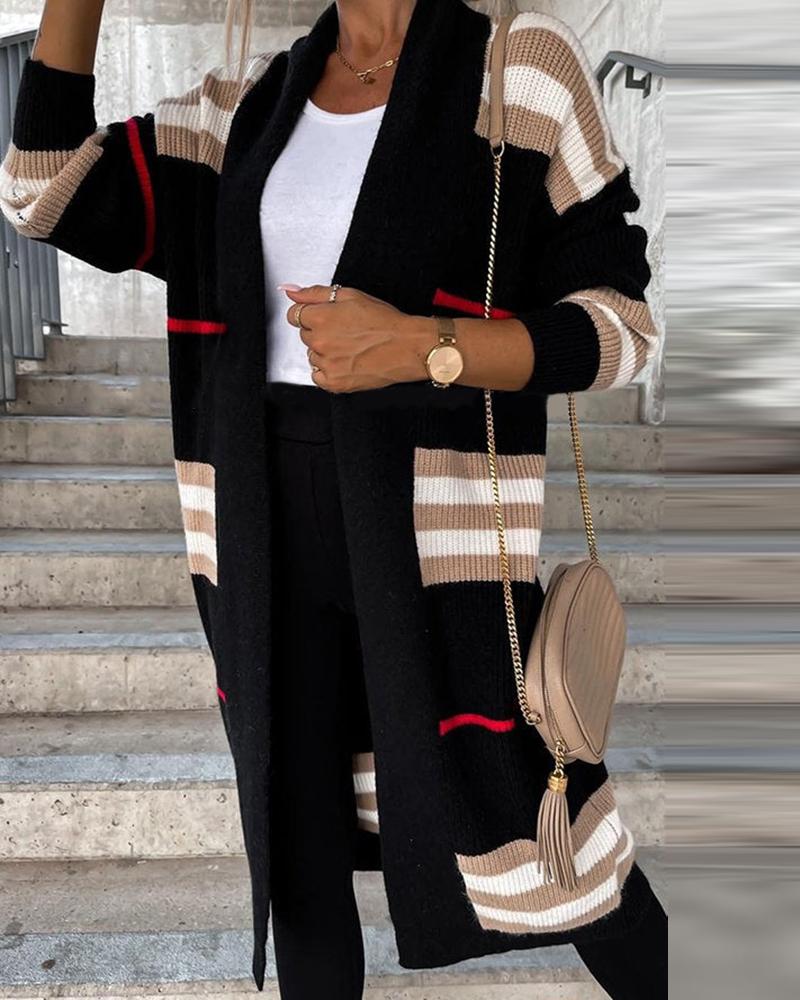 

Striped Open Front Longline Knit Cardigan, Black