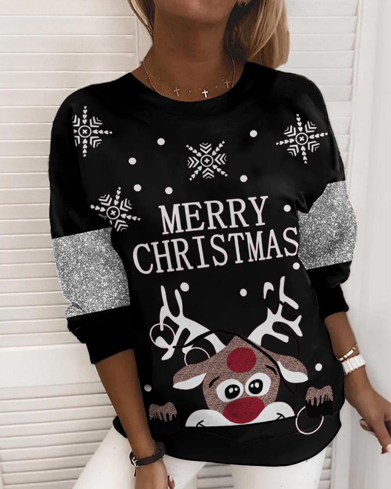 

Christmas Snowflake Elk Print Long Sleeve Top, Black