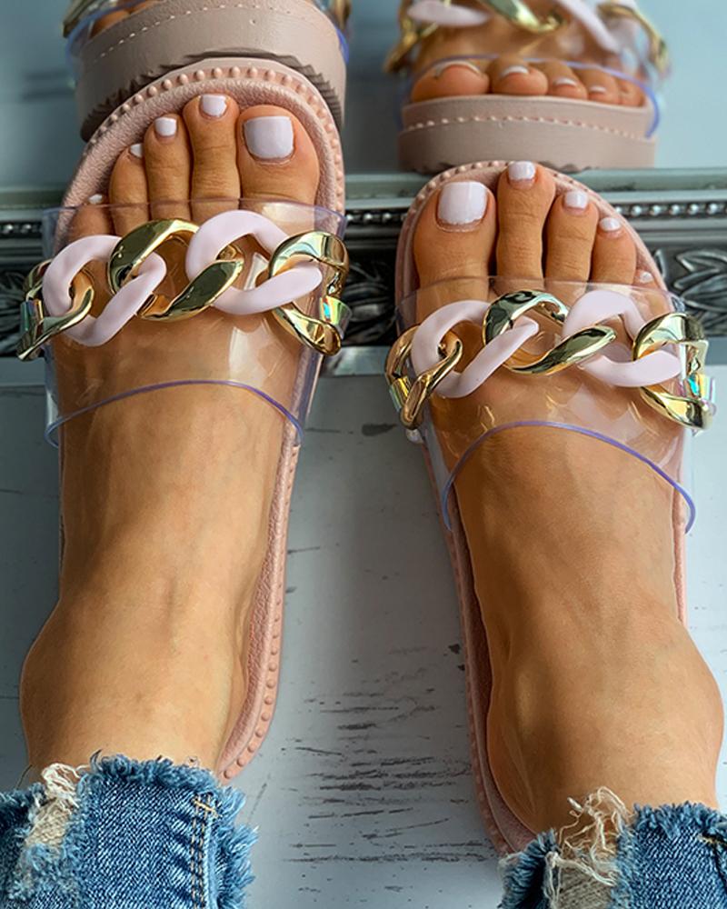 

Chain Decor Clear Perspex Open Toe Flat Sandals, Pink