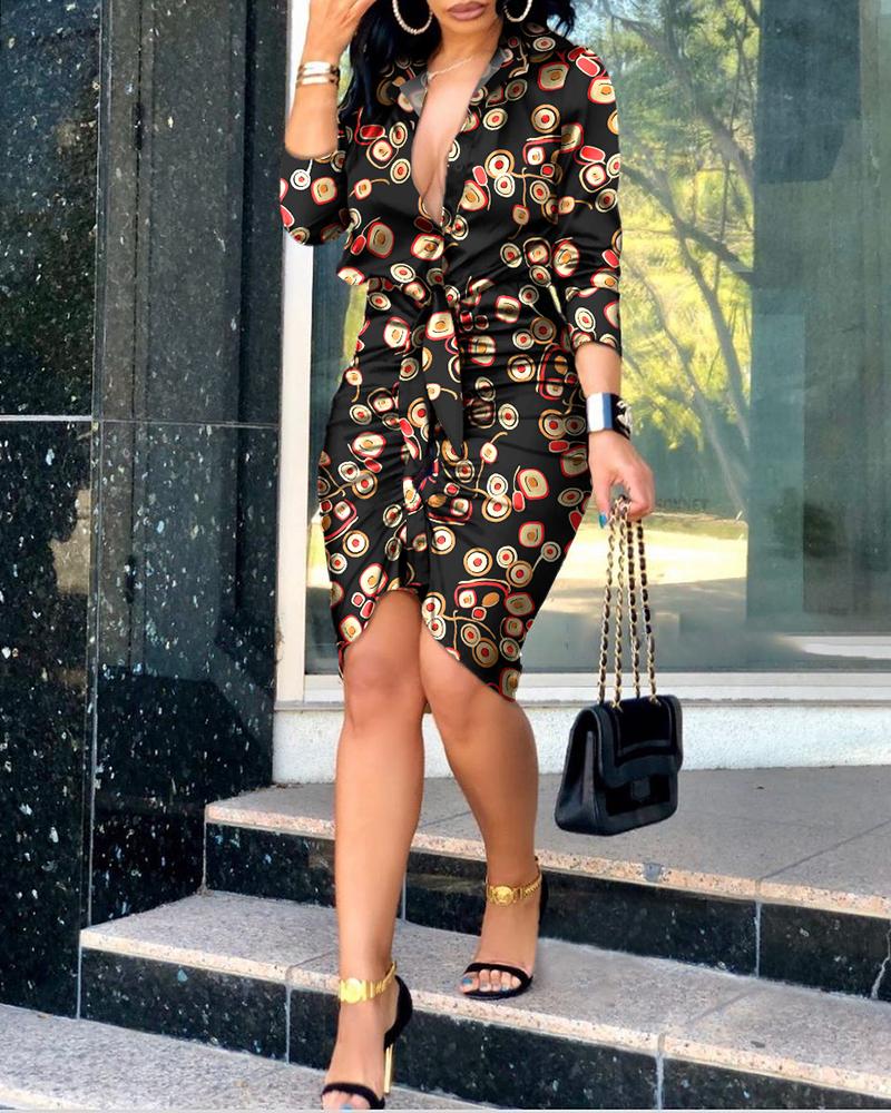 

Graphic Print Satin Ruched Work Dress, Black