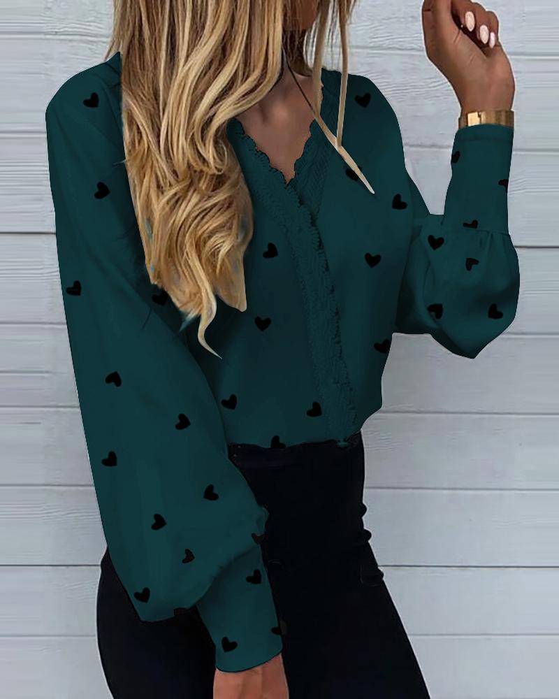 

Heart Print Lantern Sleeve Shirt, Green