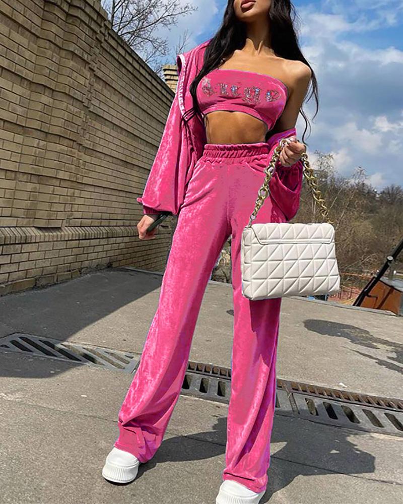 

Velvet Rhinestone Letter Pattern Bandeau Top & High Waist Pants Set, Pink