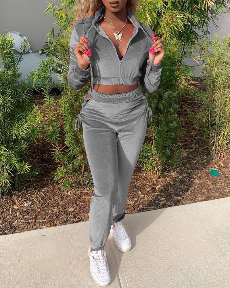

Velvet Zipper Design Hooded Top & Lace-up Pants Set, Gray
