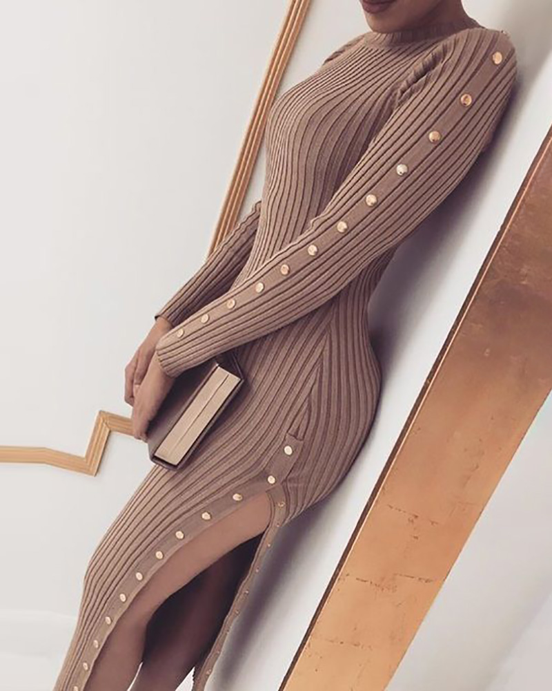 

Buttoned Ribbed Slit Long Sleeve Dress Plain Casual knit Dress, Coffee