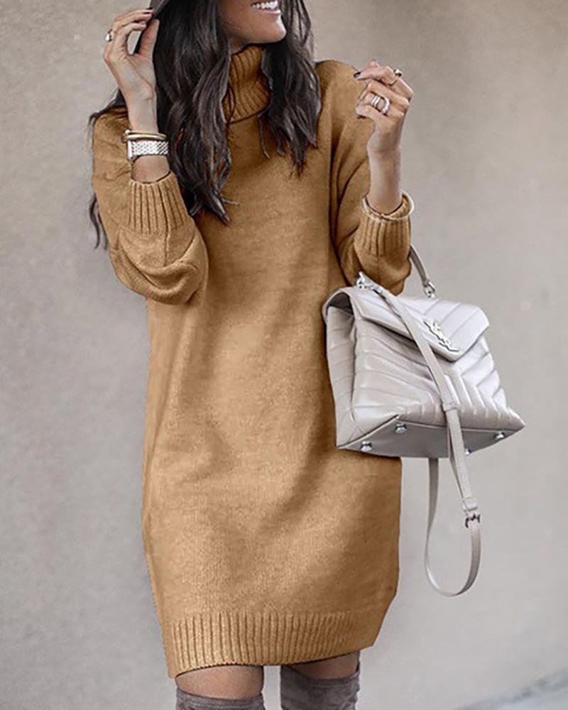 

High Neck Plain Long Sleeve Knit Sweater Dress, Khaki