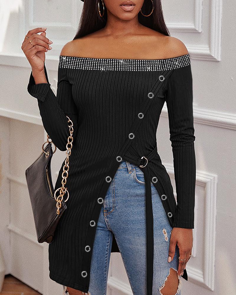 

Off Shoulder Button Rhinestone Decor High Split Top, Black