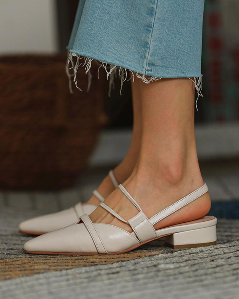 

Pointed-toe Solid Color PU Leather Flat Sandals, Beige