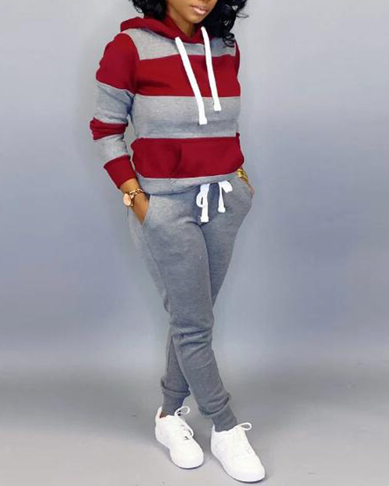 

Plus Size Colorblock Pocket Design Hoodie & Drawstring Pants Set, Gray