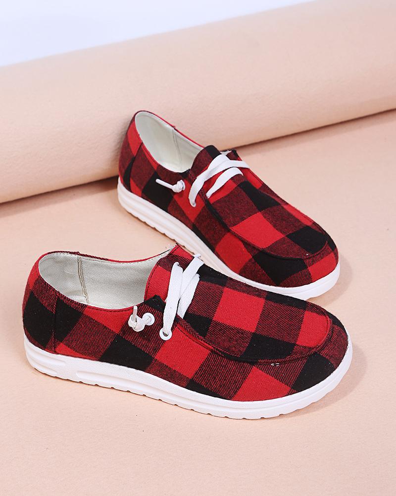 

Plaid Print Lace-up Slip On Casual Shoes, Red