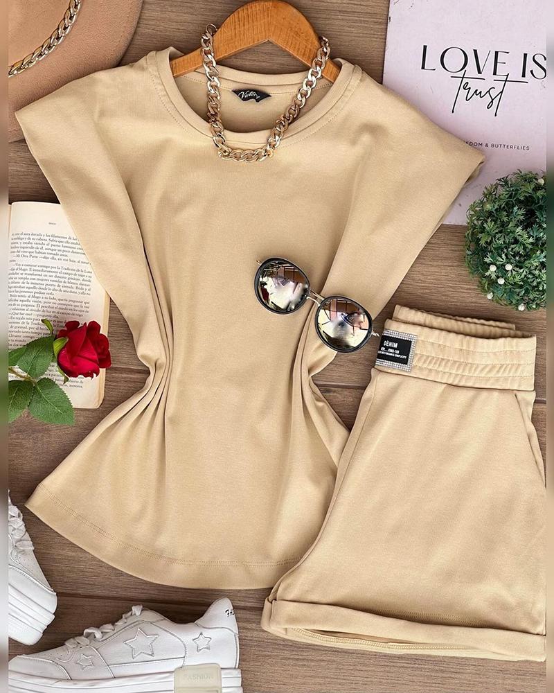 

Conjunto de top de manga curta e shorts de cintura alta, Khaki