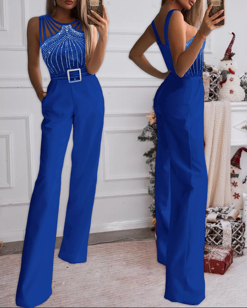 

Multi Strap Sleeveless Rhinestone Bootcut Jumpsuit, Blue