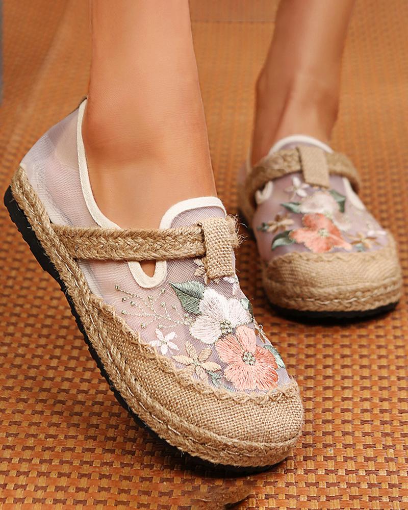 

National Style Floral Embroidery Sheer Mesh Slip-on, Pink