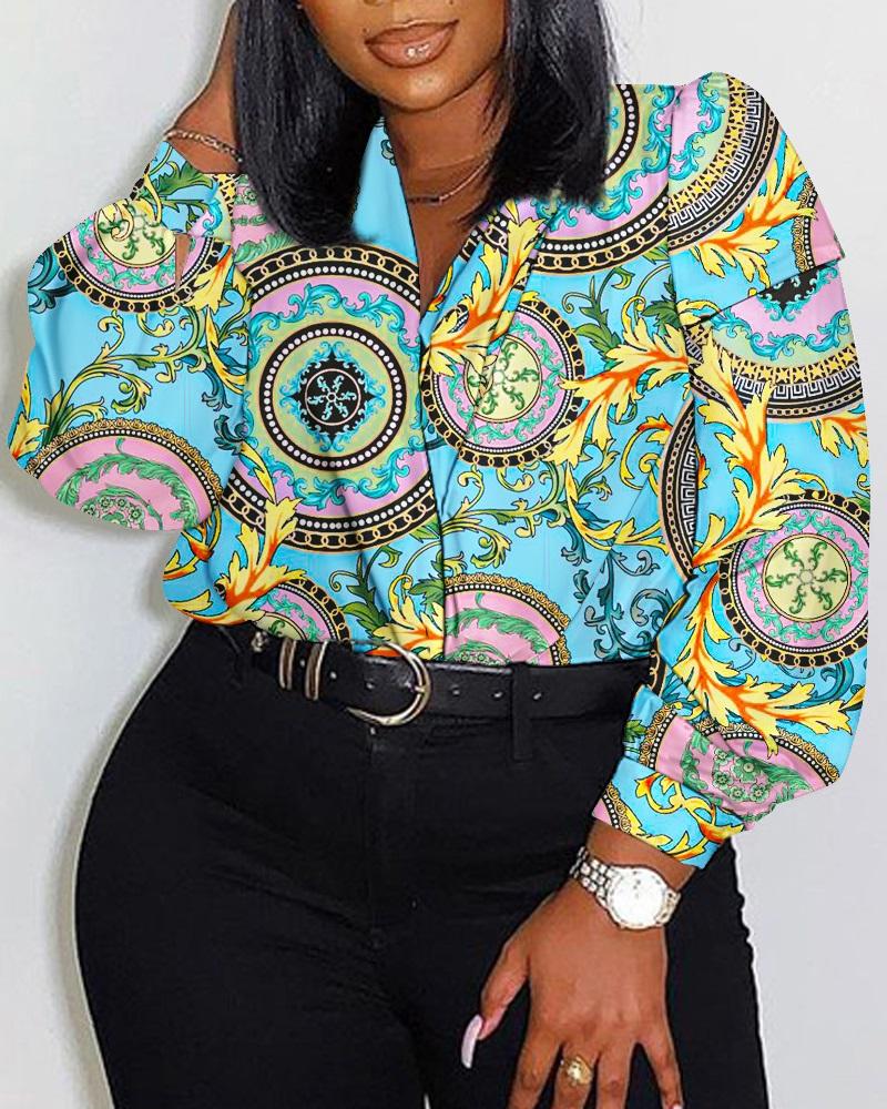 

Plus Size Baroque Print Long Sleeve Shirt, Blue