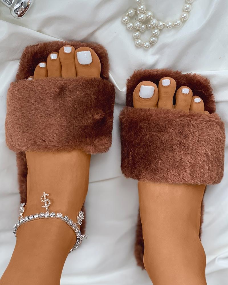 

Fluffy Square Toe Slide Slippers, Brown