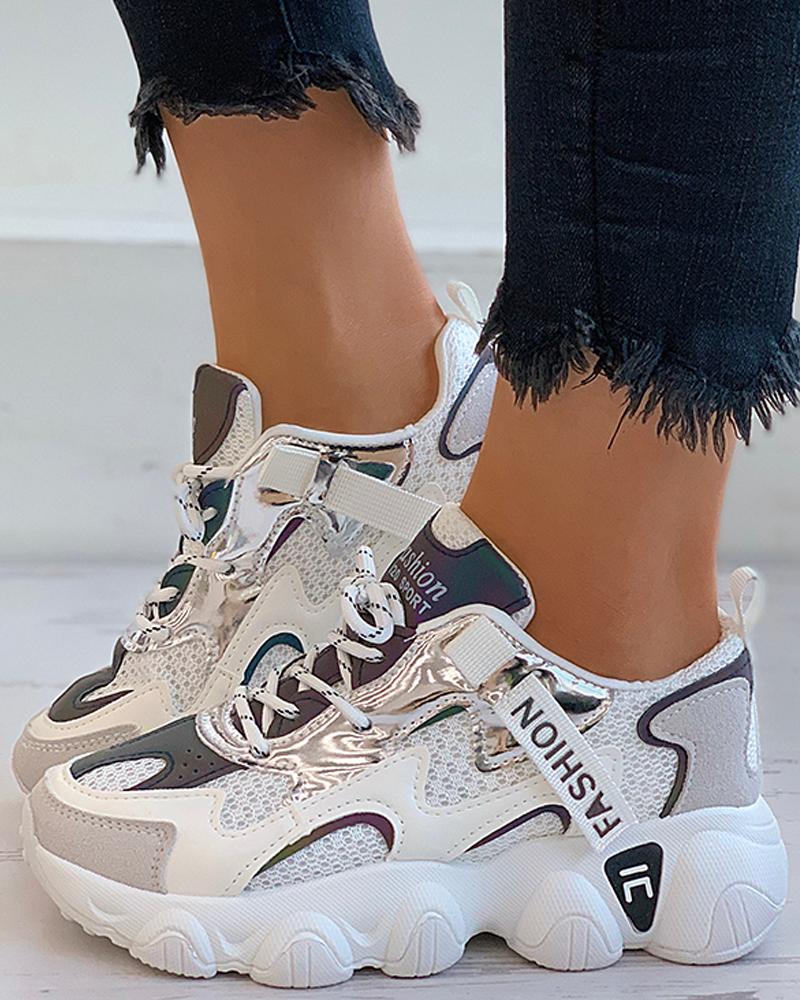 

Letter Pattern Colorblock Lace-up Sneaker, White