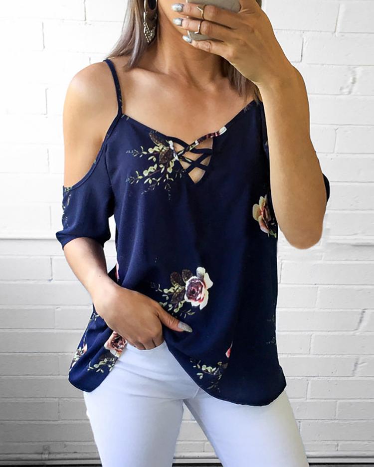 

Spaghetti Strap Open Shoulder Floral Blouse, Dark blue