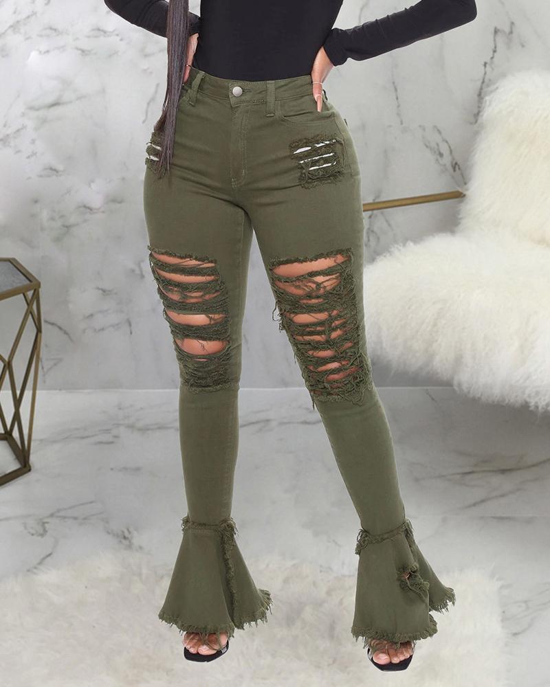 

Ripped Fringe Hem Ladder Cutout Bootcut Jeans, Green