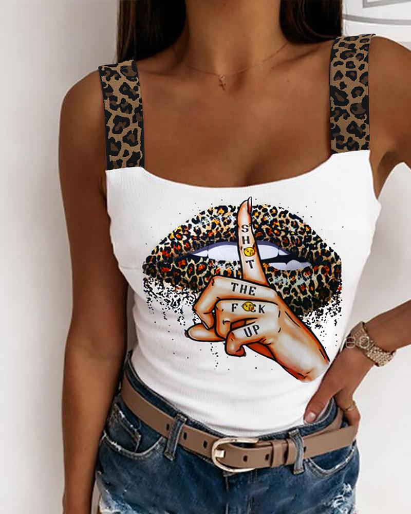 

Leopard Slogan Print Ribbed Tank Top, White