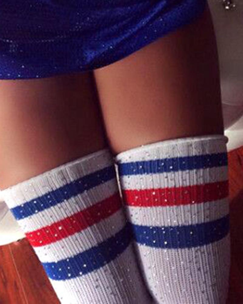 

1Pair Striped Contrast Paneled Rhinestone Thigh Socks, Blue