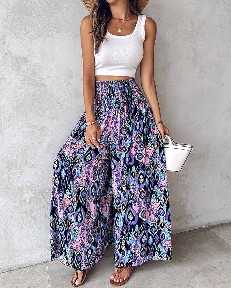 

Tribal Print Shirred Wide Leg Pants, Pink