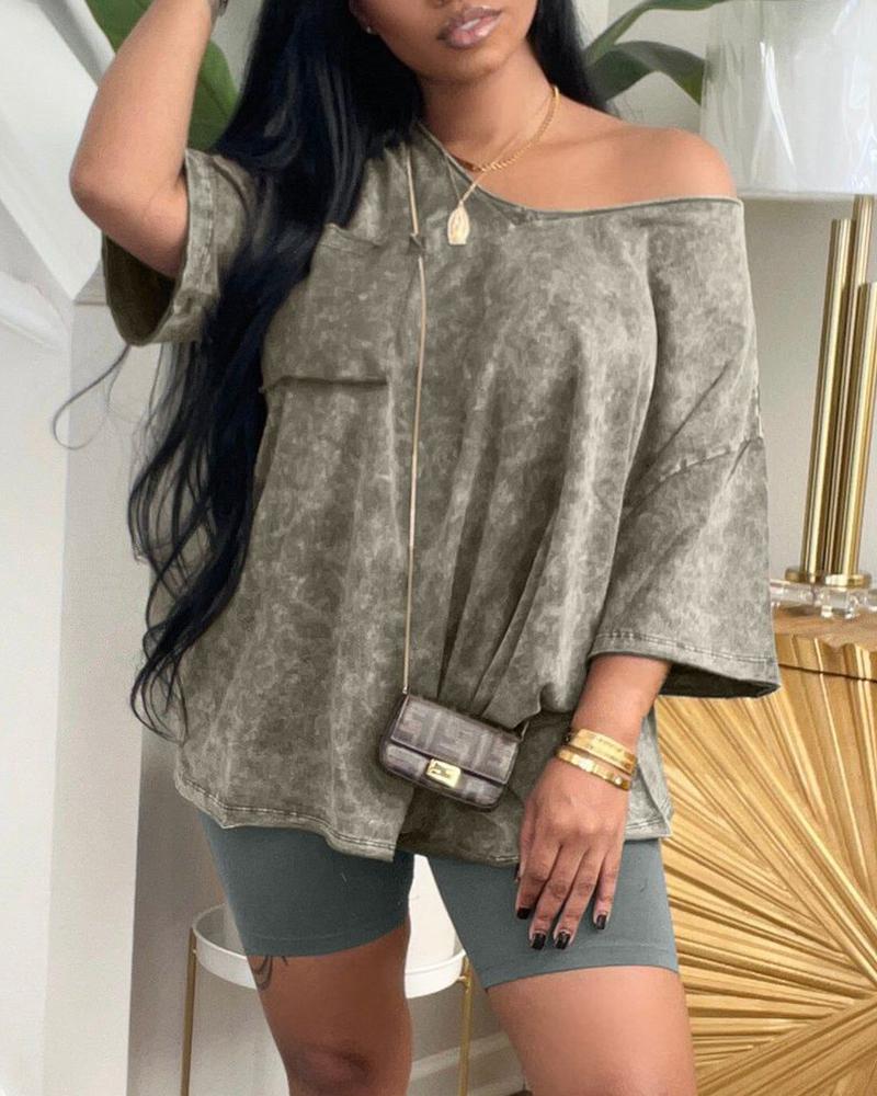 

Skew Neck Pocket Design Top & Shorts Set, Green