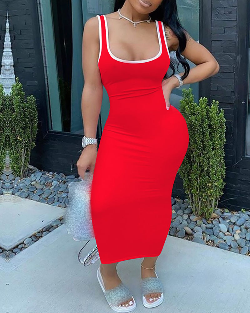 

Contrast Binding U-Neck Tank Dress, Red