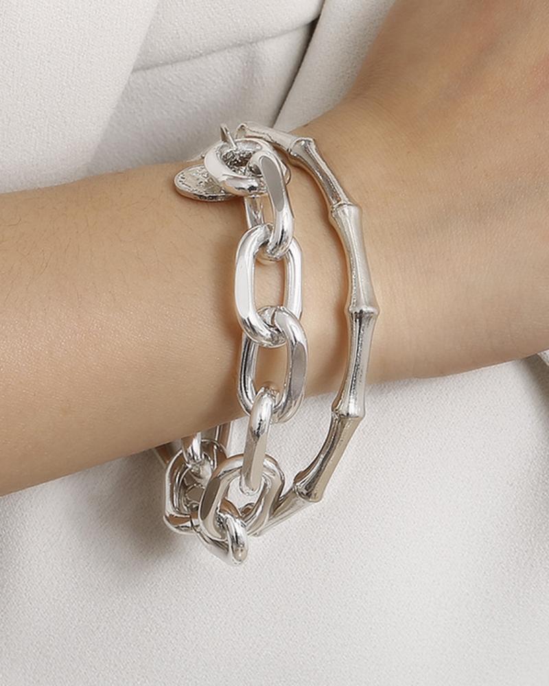 

2pcs Bamboo Joint Hollow Out Chain Bracelets Set, Silver