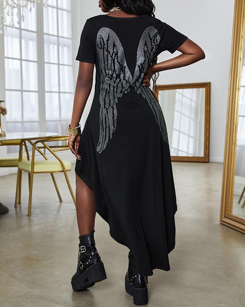 

Rhinestone Wings Pattern High Low Hem Casual Dress, Black