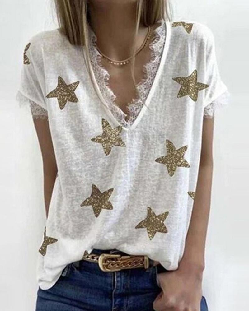 

Star Print Eyelash Lace Trim Top, White