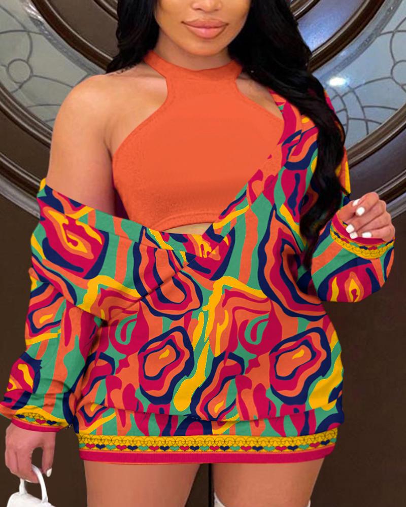 

Plus Size Heart Multi-Color Abstract Print Tank Top & Casual Dress Set, Orange