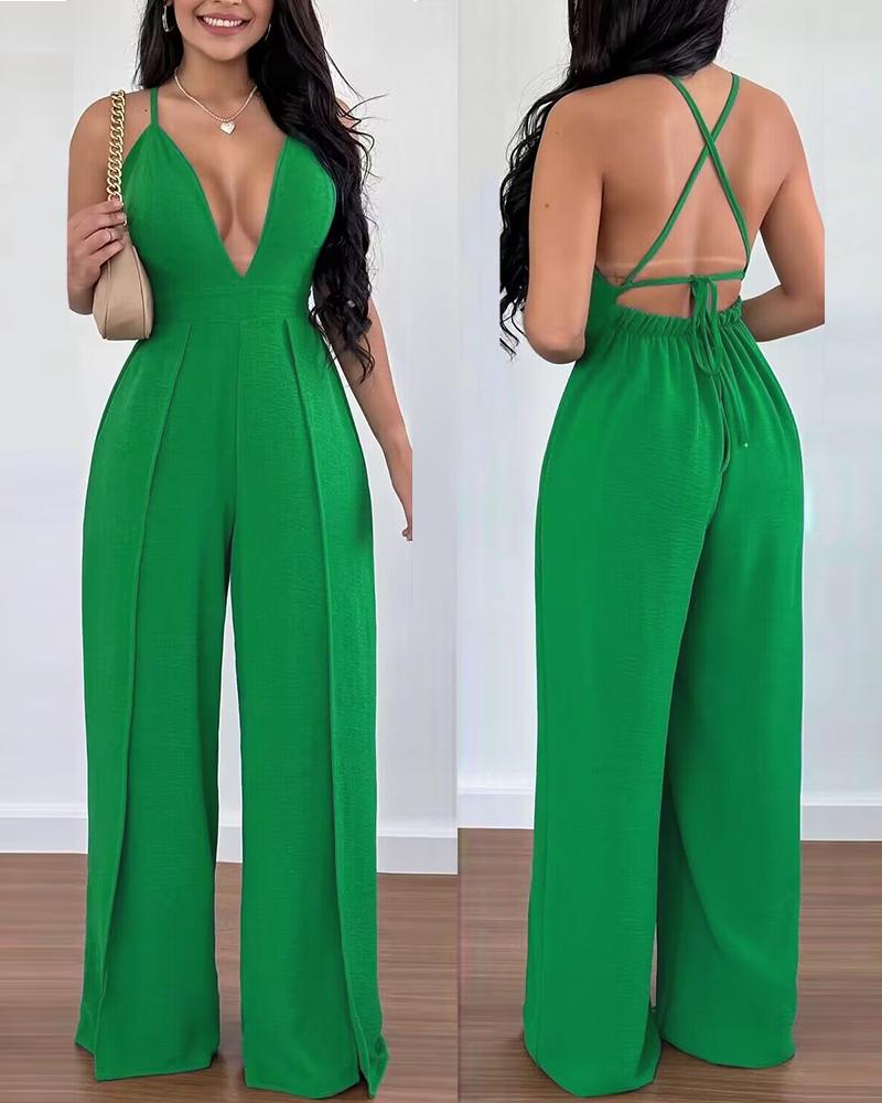 

Crisscross Backless Plunging Neck Jumpsuit, Green