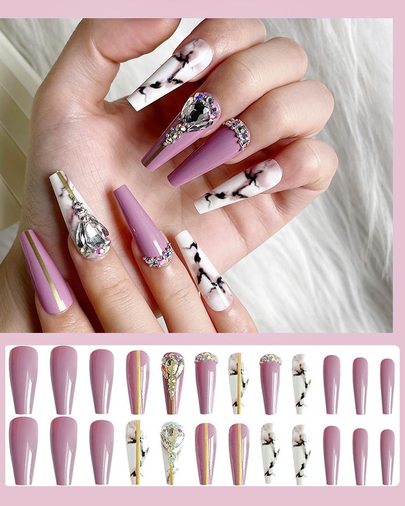 

24pcs Gem Stone Decor Marble Press On Fake Coffin Nails Set With Glue, Style1