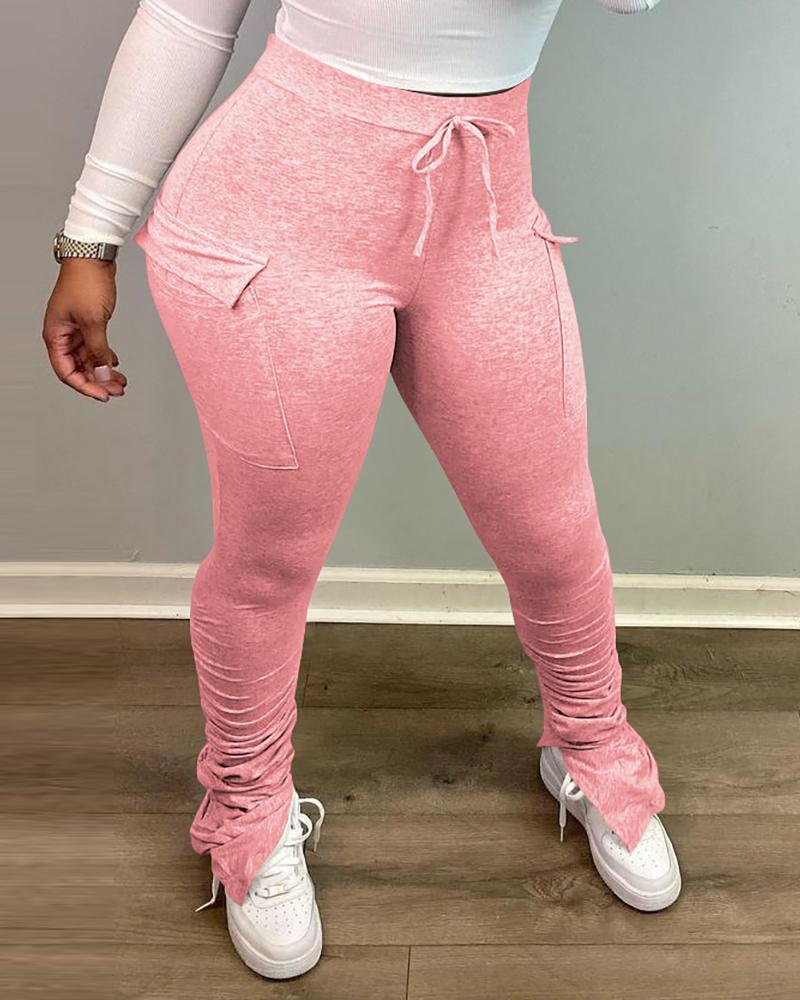 

Slit Ruched Drawstring High Waist Skinny Pants, Pink