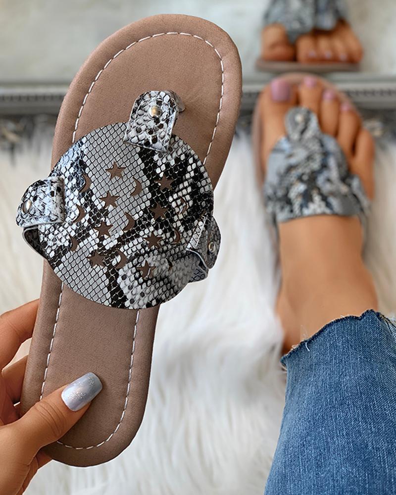 

Toe Post Star Moon Pattern Hollow Out Flat Sandals, Snakeskin