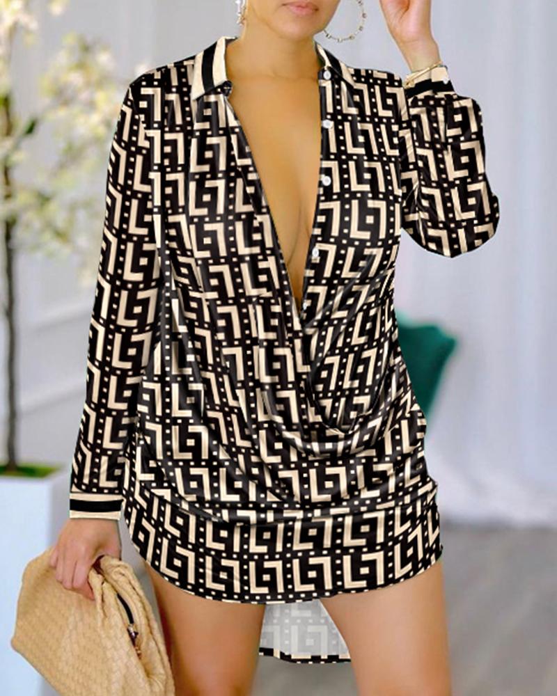 

Geometric Print Buttoned Draped Shirt Dress, Black