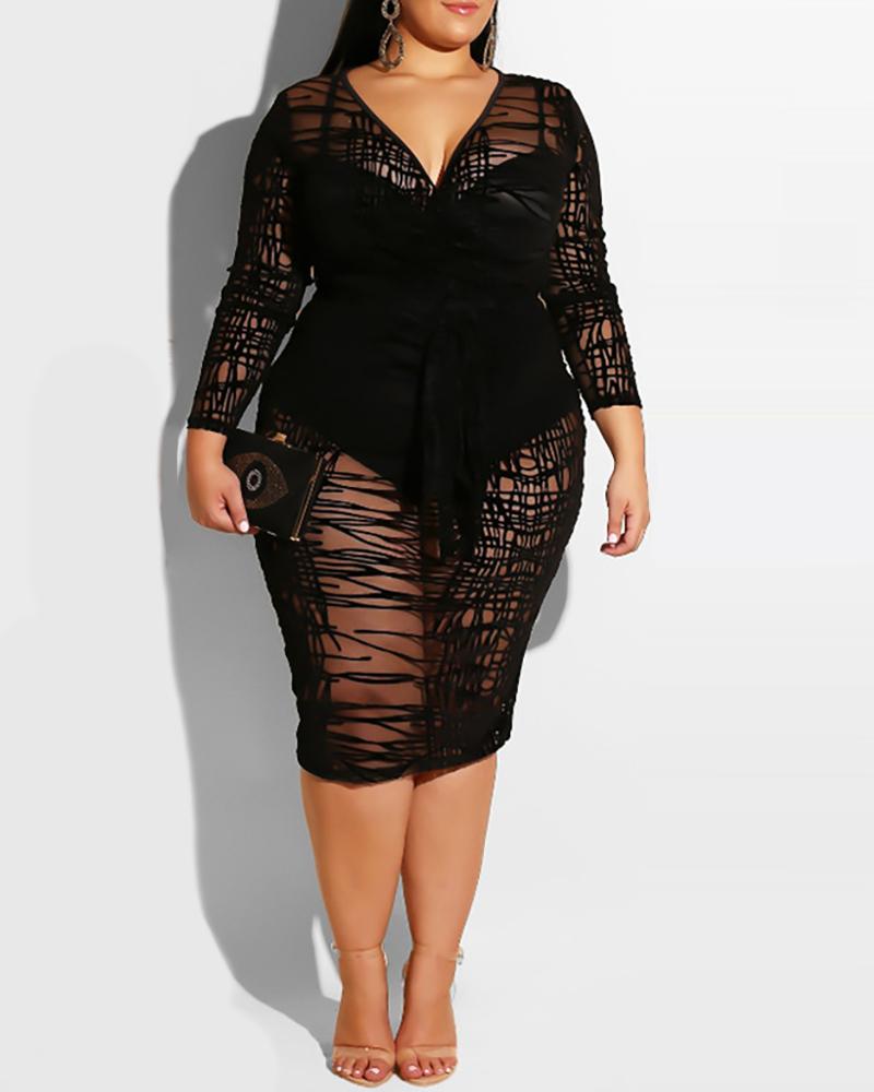 

Plus Size Sheer Mesh Slit Midi Dress, Black