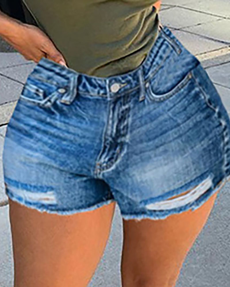 

Ripped Pocket Design Buttoned Denim Shorts, Blue