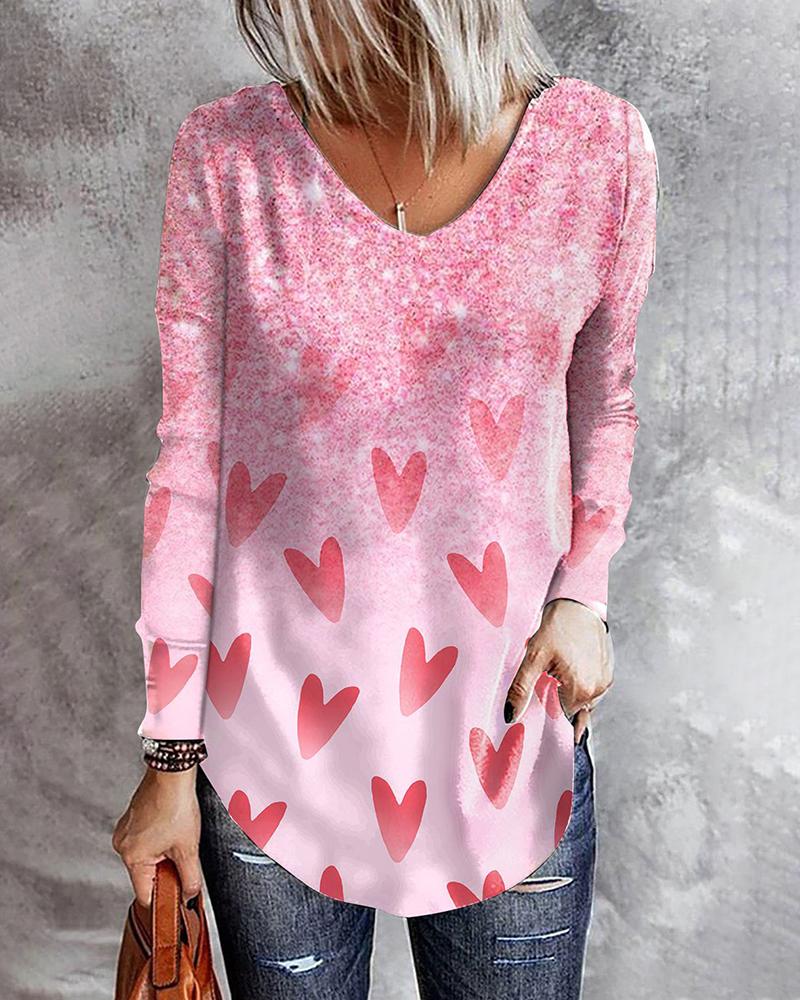 

Valentine' Day Heart Print Ombre V-Neck Top, Pink