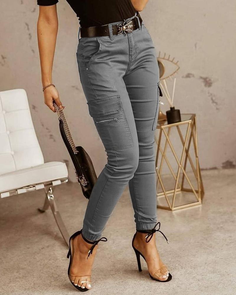 

Zipper Pocket Design Casual Pants Without Belt, Gray