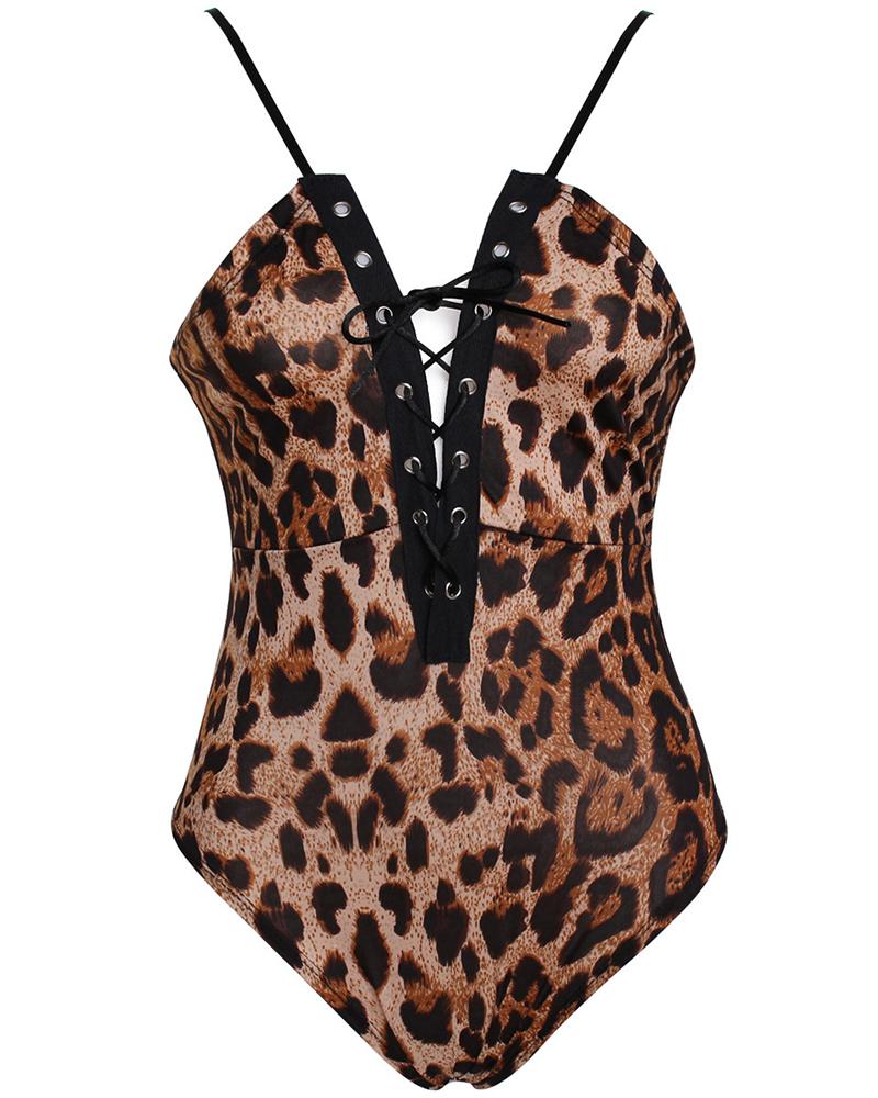 

Eyelet Lace-up Cheetah Print Lace Teddies, Leopard
