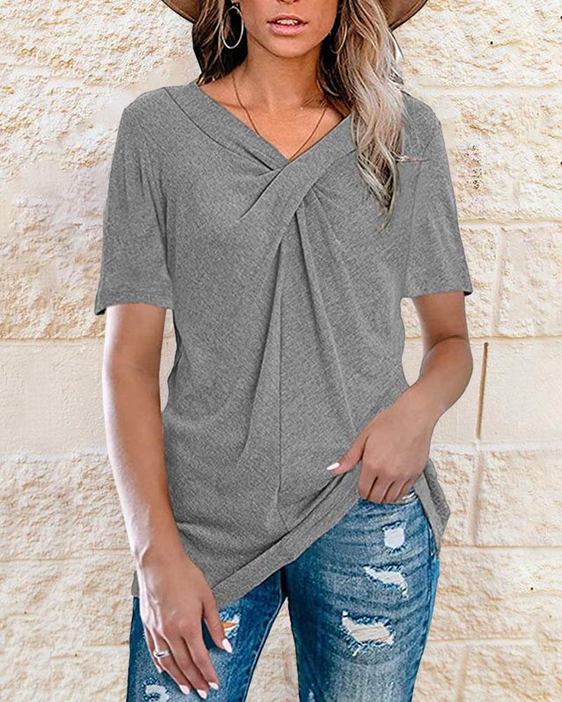 

Twist Design V-Neck Casual T-shirt, Gray