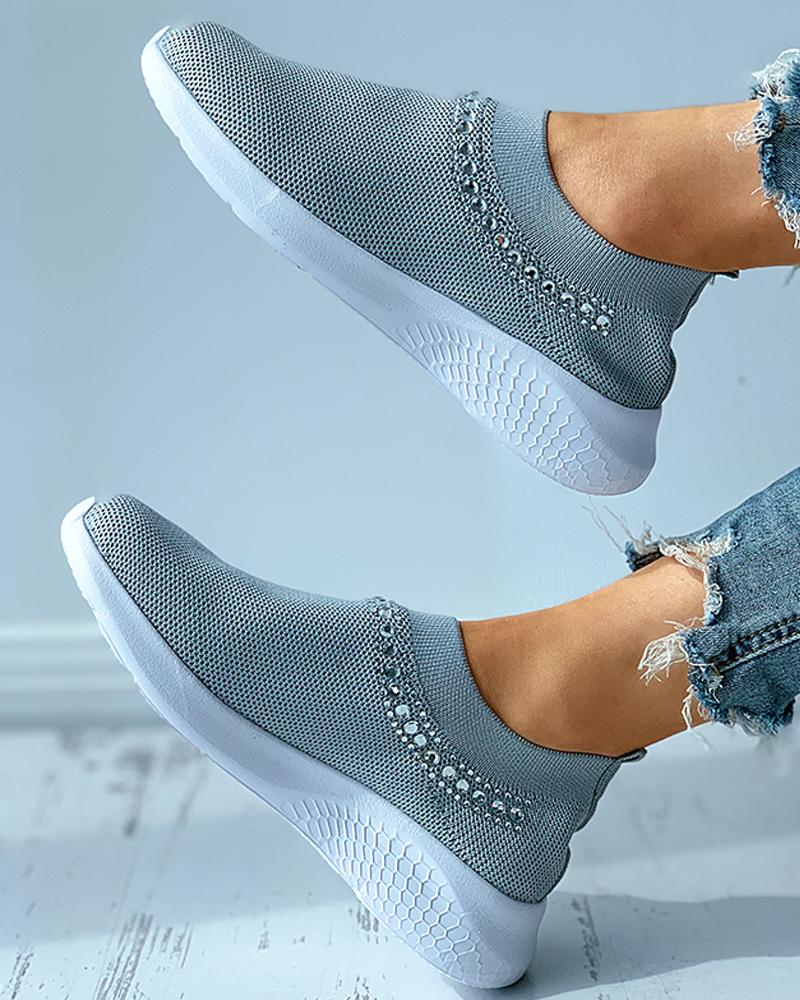 

Beaded Rhinestone Breathable Knit Slip On Sneaker, Gray