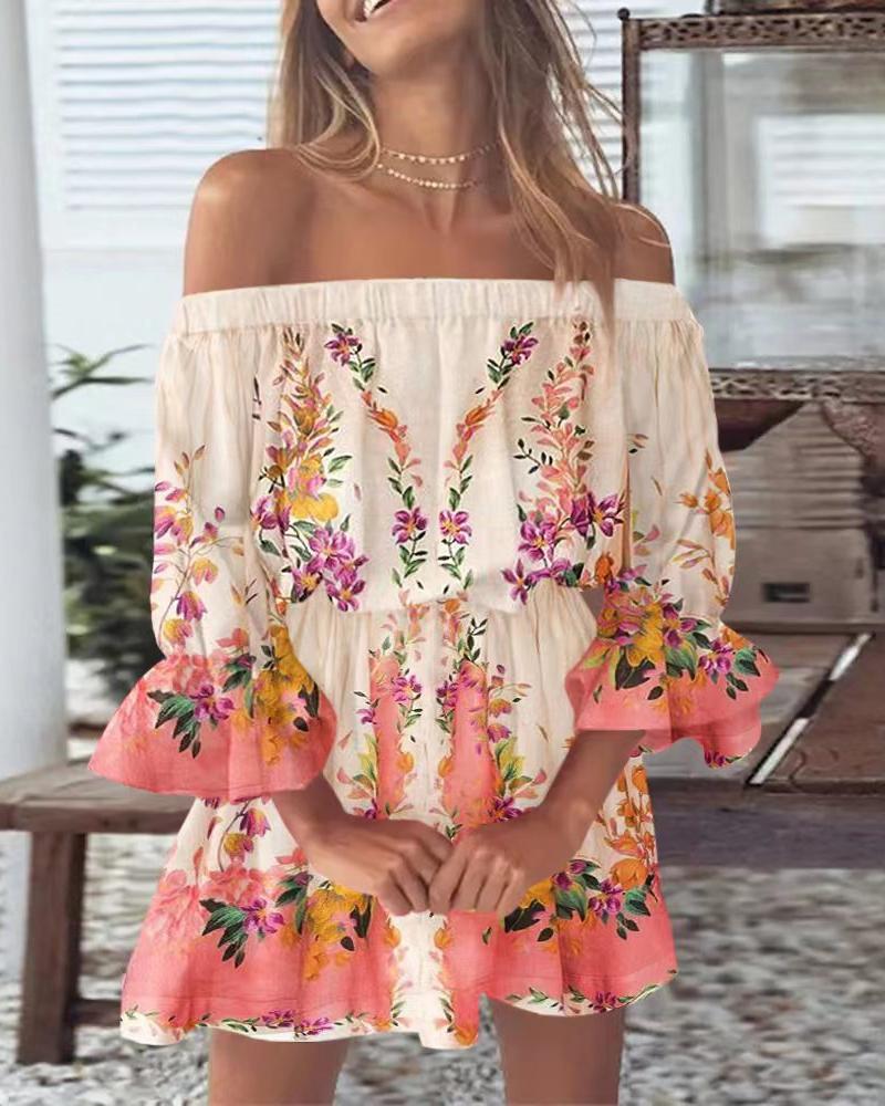 

Floral Print Off Shoulder Bell Sleeve Casual Dress, Multicolor